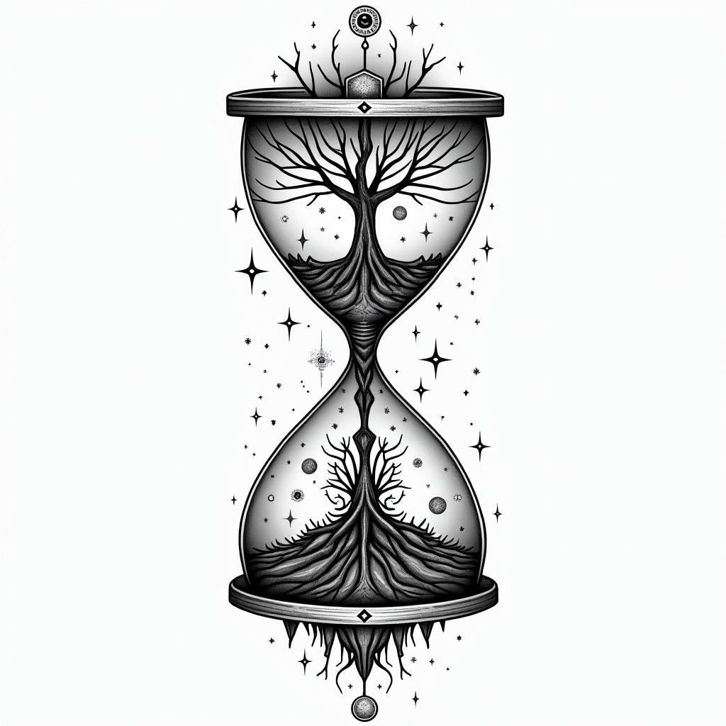 Tree of life hourglass, living above in the trunk, death below.in prophecy tattoo style, featuring mystical symbols, celestial imagery like stars, moons, suns, geometric patterns, foretelling elements, an eye of wisdom - Variation 4