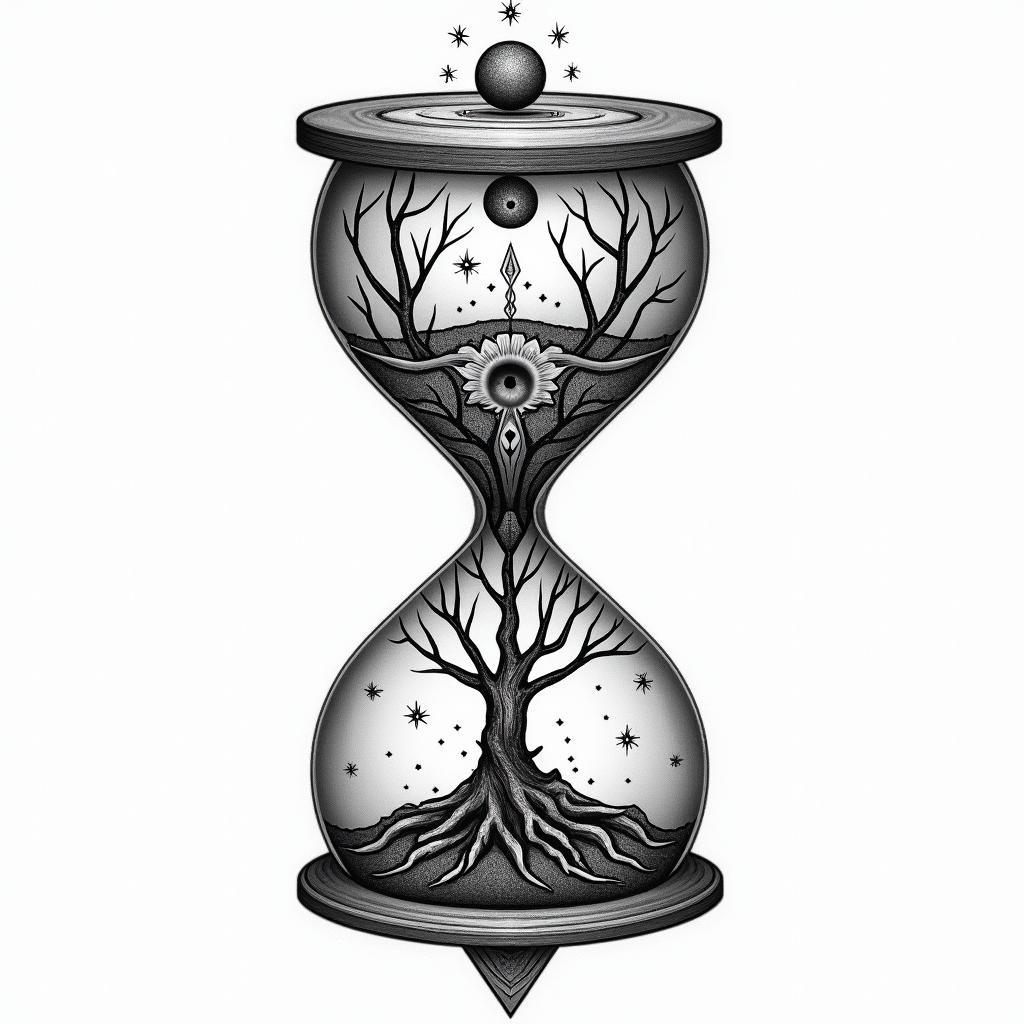 Tree of life hourglass, living above in the trunk, death below.in prophecy tattoo style, featuring mystical symbols, celestial imagery like stars, moons, suns, geometric patterns, foretelling elements, an eye of wisdom