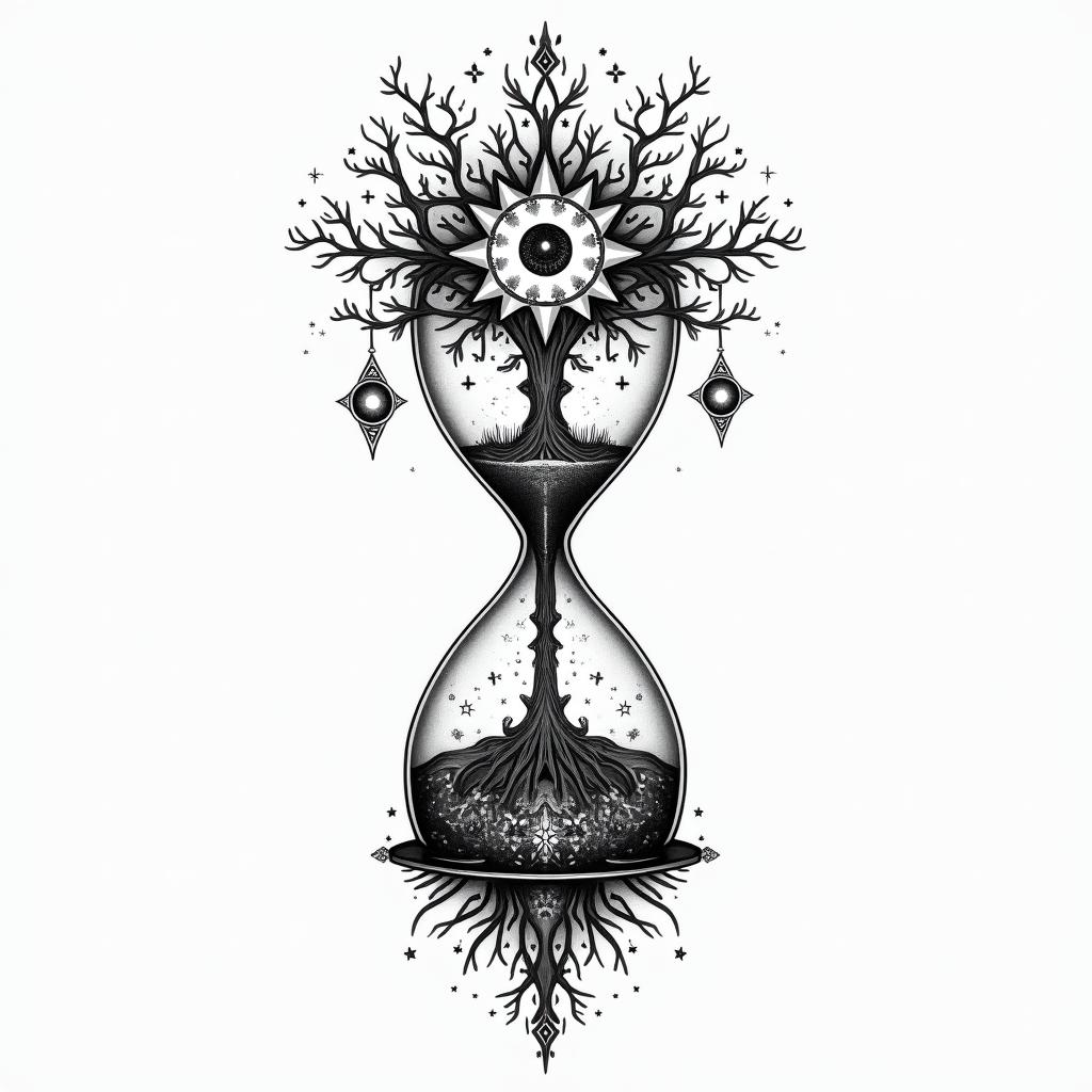 Tree of life hourglass, living above in the trunk, death below.in prophecy tattoo style, featuring mystical symbols, celestial imagery like stars, moons, suns, geometric patterns, foretelling elements, an eye of wisdom - Variation 2
