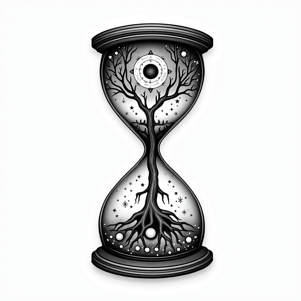 Tree of life hourglass, living above in the trunk, death below.in prophecy tattoo style, featuring mystical symbols, celestial imagery like stars, moons, suns, geometric patterns, foretelling elements, an eye of wisdom - Variation 3