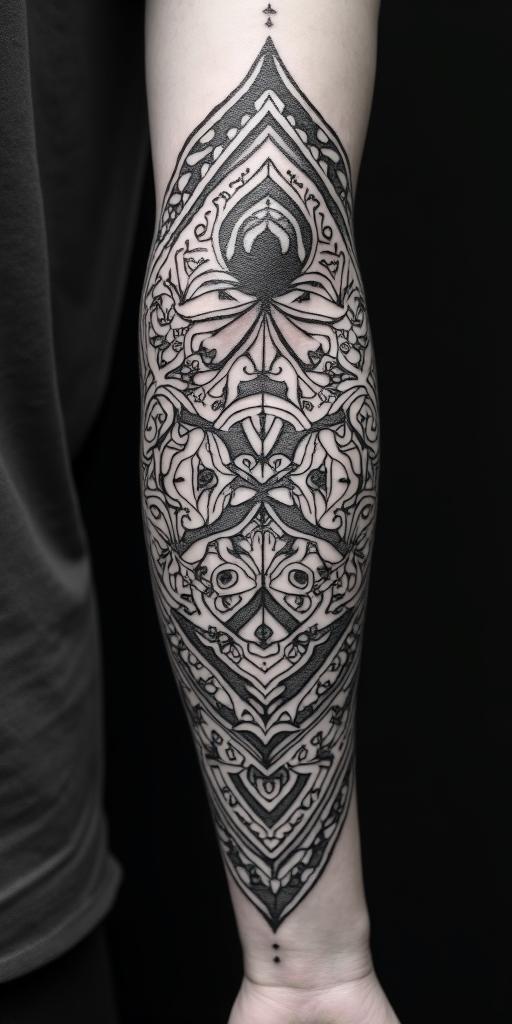 Andrew James Asher Lanein dotwork style tattoo, complex mandala patterns, interlocking geometric shapes with sharp symmetry, clean lines, sharp angles - Variation 8