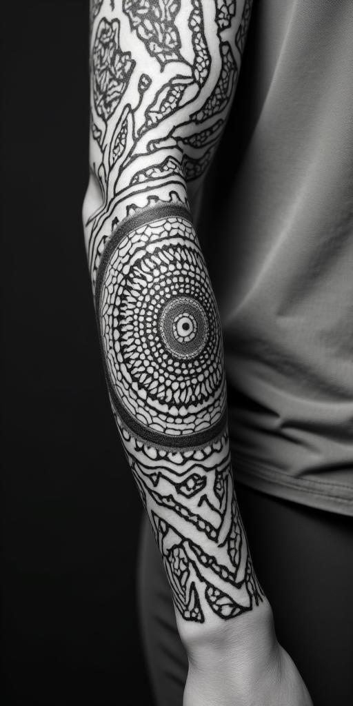 Andrew James Asher Lanein dotwork style tattoo, complex mandala patterns, interlocking geometric shapes with sharp symmetry, clean lines, sharp angles - Variation 7
