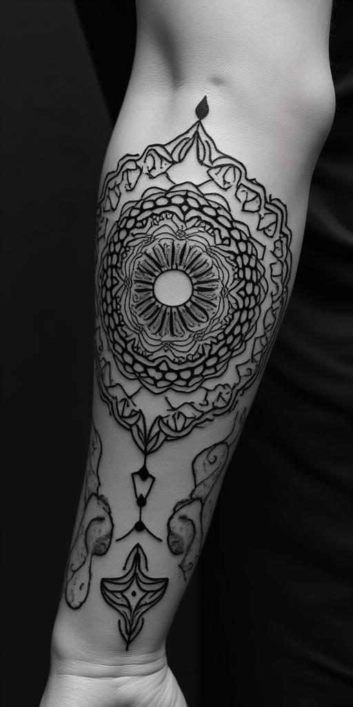 Andrew James Asher Lanein dotwork style tattoo, complex mandala patterns, interlocking geometric shapes with sharp symmetry, clean lines, sharp angles - Variation 6