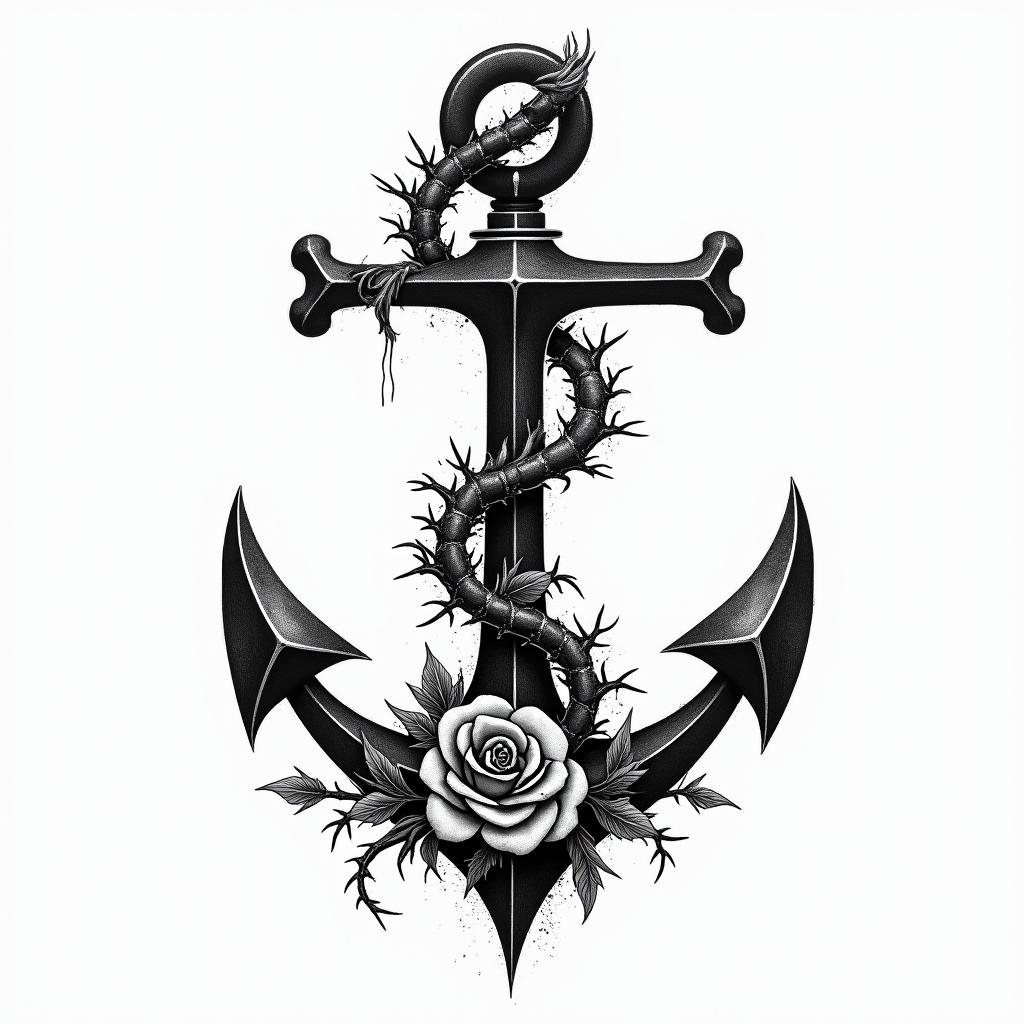 Anchor entwined with roses and thornsin graffiti style tattoo, featuring bold and dynamic street art elements, spray-paint texture with exaggerated lines and expressive, chaotic brushstrokes, intricate lettering incorporated with graffiti tags, symbols like hearts, stars, and wings - Variation 7