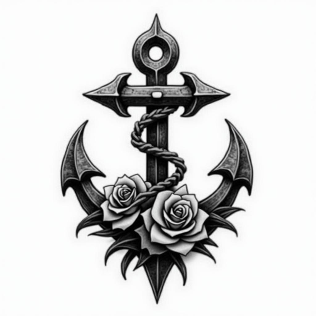 Anchor entwined with roses and thornsin graffiti style tattoo, featuring bold and dynamic street art elements, spray-paint texture with exaggerated lines and expressive, chaotic brushstrokes, intricate lettering incorporated with graffiti tags, symbols like hearts, stars, and wings - Variation 5