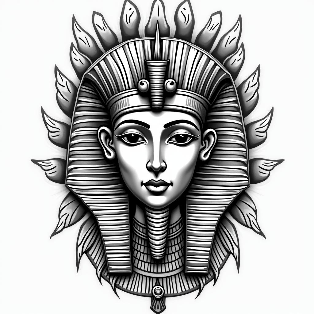 Pisces Exeter 83 Harley beachin egyptian style tattoo, bold elements of ancient egyptian culture including a portrait of an Egyptian pharaoh with detailed facial features, in hieroglyphs and symbolic imagery, eye of horus, ankh symbol, scarab beetle - Variation 4