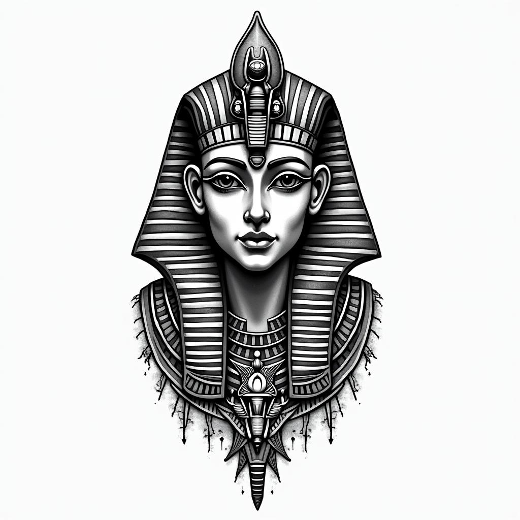 Pisces Exeter 83 Harley beachin egyptian style tattoo, bold elements of ancient egyptian culture including a portrait of an Egyptian pharaoh with detailed facial features, in hieroglyphs and symbolic imagery, eye of horus, ankh symbol, scarab beetle