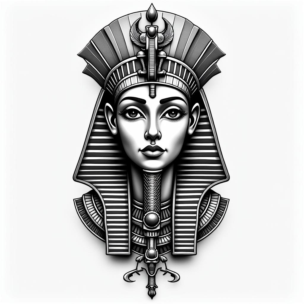 Pisces Exeter 83 Harley beachin egyptian style tattoo, bold elements of ancient egyptian culture including a portrait of an Egyptian pharaoh with detailed facial features, in hieroglyphs and symbolic imagery, eye of horus, ankh symbol, scarab beetle - Variation 3
