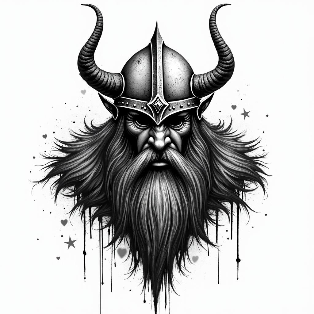 Fierce Viking with intricate helmet designin graffiti style tattoo, featuring bold and dynamic street art elements, spray-paint texture with exaggerated lines and expressive, chaotic brushstrokes, intricate lettering incorporated with graffiti tags, symbols like hearts, stars, and wings - Variation 4