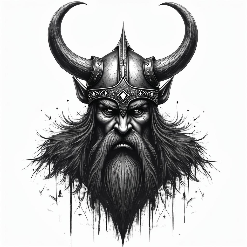 Fierce Viking with intricate helmet designin graffiti style tattoo, featuring bold and dynamic street art elements, spray-paint texture with exaggerated lines and expressive, chaotic brushstrokes, intricate lettering incorporated with graffiti tags, symbols like hearts, stars, and wings