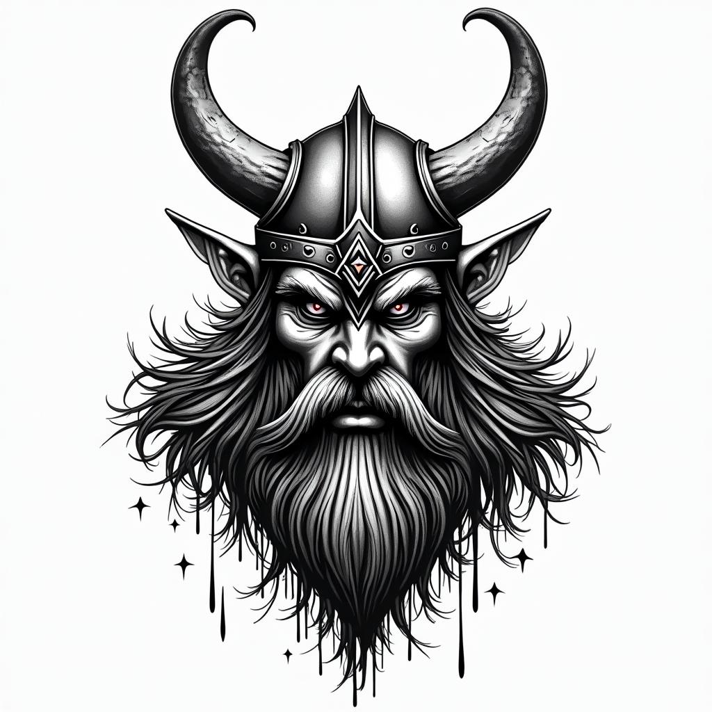Fierce Viking with intricate helmet designin graffiti style tattoo, featuring bold and dynamic street art elements, spray-paint texture with exaggerated lines and expressive, chaotic brushstrokes, intricate lettering incorporated with graffiti tags, symbols like hearts, stars, and wings - Variation 3