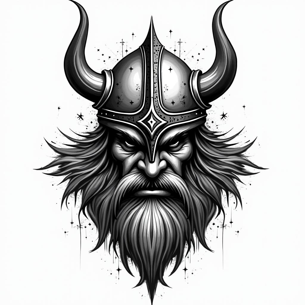 Fierce Viking with intricate helmet designin graffiti style tattoo, featuring bold and dynamic street art elements, spray-paint texture with exaggerated lines and expressive, chaotic brushstrokes, intricate lettering incorporated with graffiti tags, symbols like hearts, stars, and wings - Variation 2