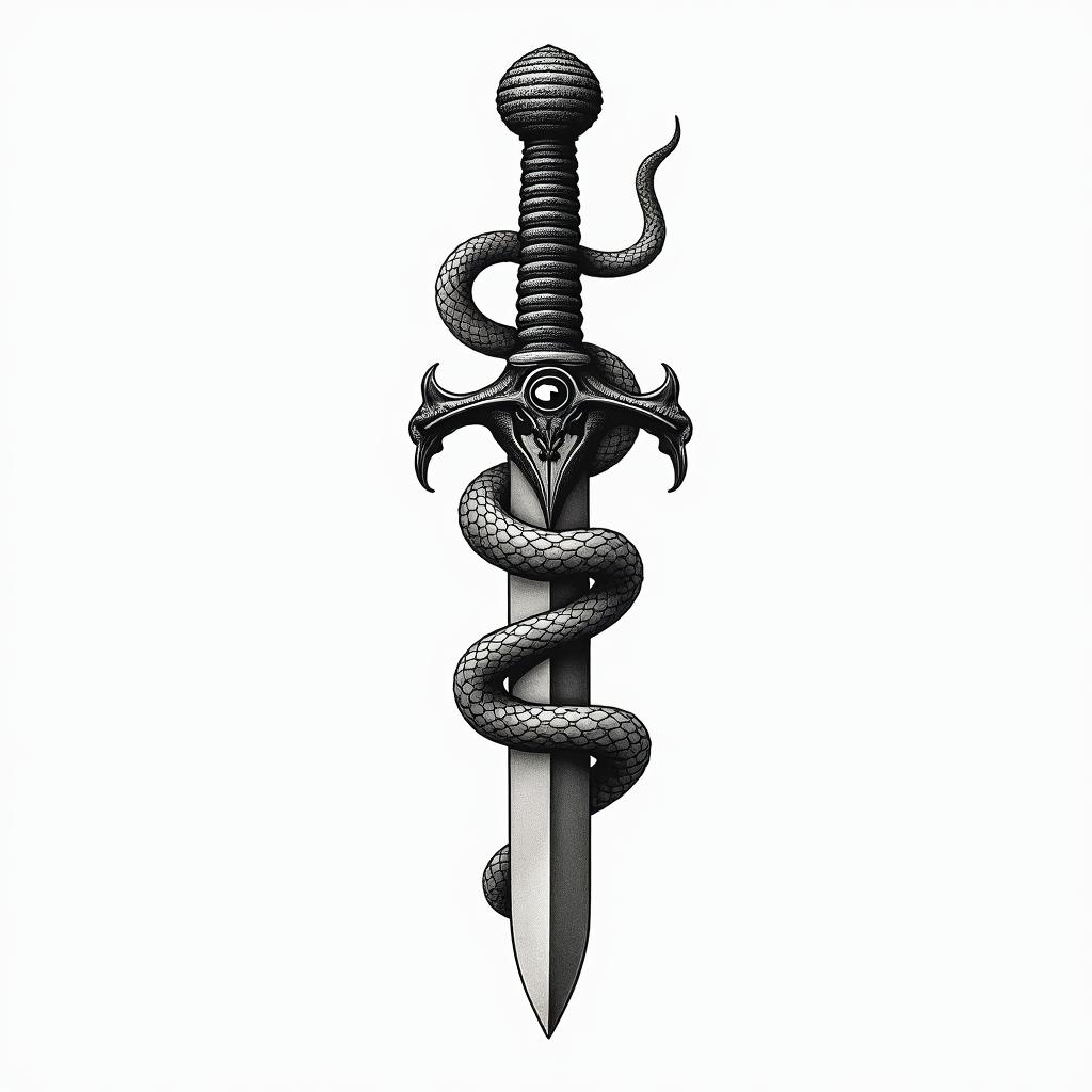 Snake wrapped around a dagger with an evil eye on the daggerin japanese style tattoo, detailed tattoo, traditional japanese culture tattoo, mythology, 8k - Variation 4