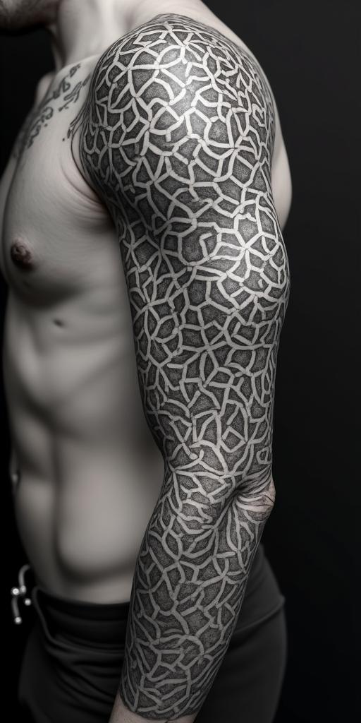 Andrew James Asher Lanein dotwork style tattoo, complex mandala patterns, interlocking geometric shapes with sharp symmetry, clean lines, sharp angles - Variation 4