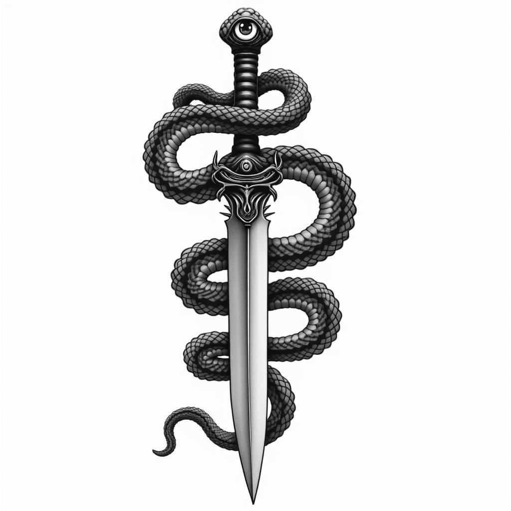 Snake wrapped around a dagger with an evil eye on the daggerin japanese style tattoo, detailed tattoo, traditional japanese culture tattoo, mythology, 8k - Variation 2