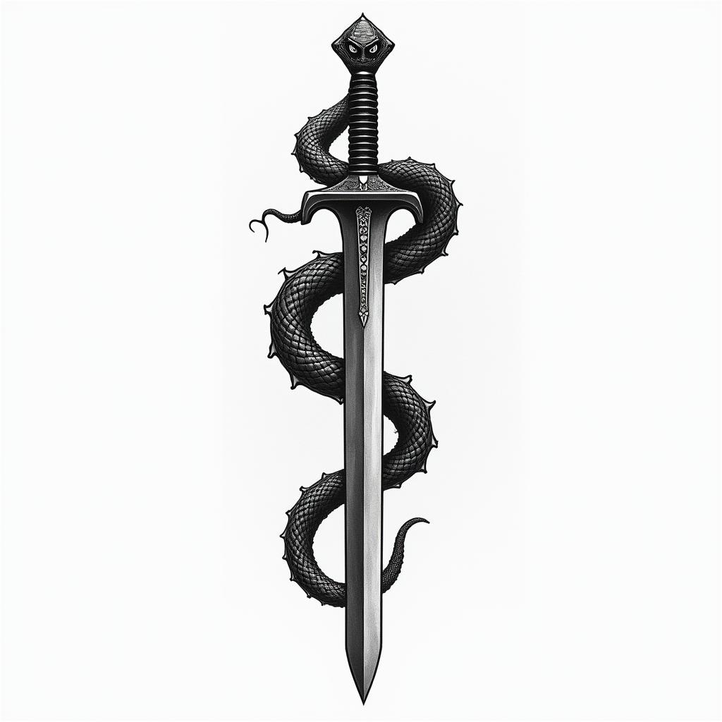 Snake wrapped around a dagger with an evil eye on the daggerin japanese style tattoo, detailed tattoo, traditional japanese culture tattoo, mythology, 8k