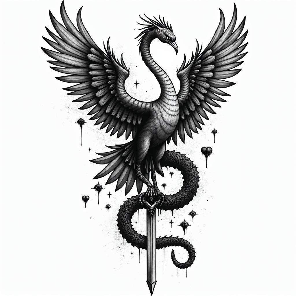 A crane with serpent's and one sword in graffiti style tattoo, featuring bold and dynamic street art elements, spray-paint texture with exaggerated lines and expressive, chaotic brushstrokes, intricate lettering incorporated with graffiti tags, symbols like hearts, stars, and wings - Variation 4