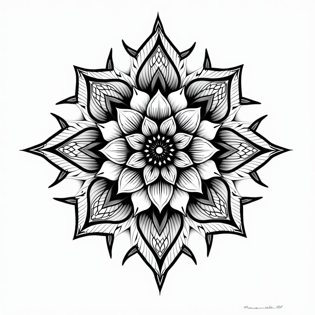 Music rosein dotwork style tattoo, complex mandala patterns, interlocking geometric shapes with sharp symmetry, clean lines, sharp angles