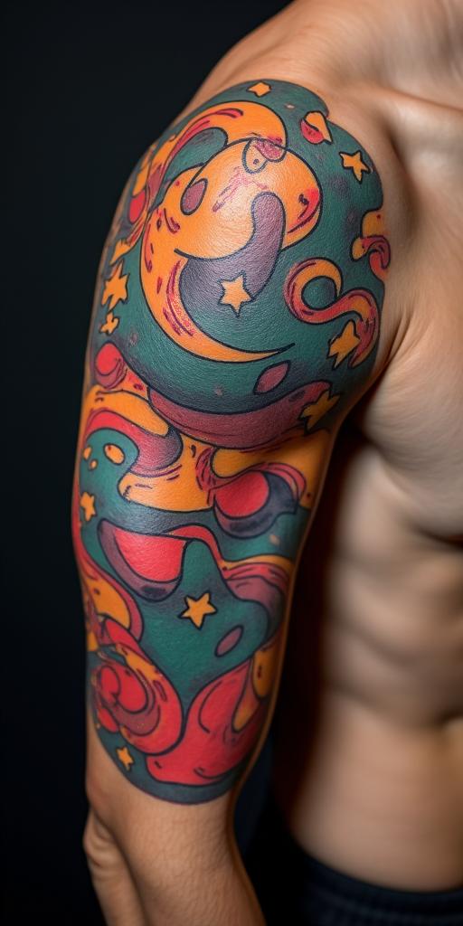 Andrew James Asher Lanein pop art style tattoo, featuring bold and vibrant colors, exaggerated outlines, iconic imagery, inspired by comic books and speech bubbles, comic book characters, retro pop culture - Variation 3