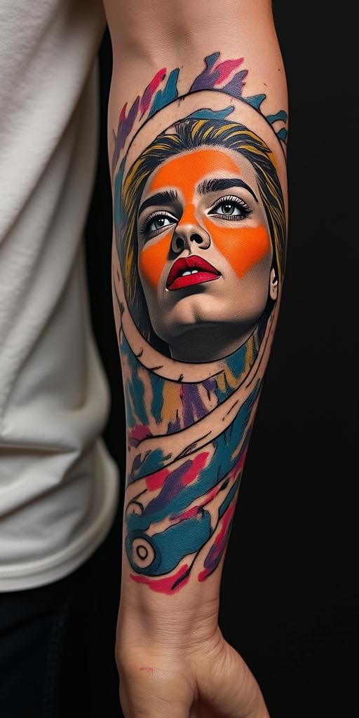 Andrew James Asher Lanein pop art style tattoo, featuring bold and vibrant colors, exaggerated outlines, iconic imagery, inspired by comic books and speech bubbles, comic book characters, retro pop culture - Variation 4