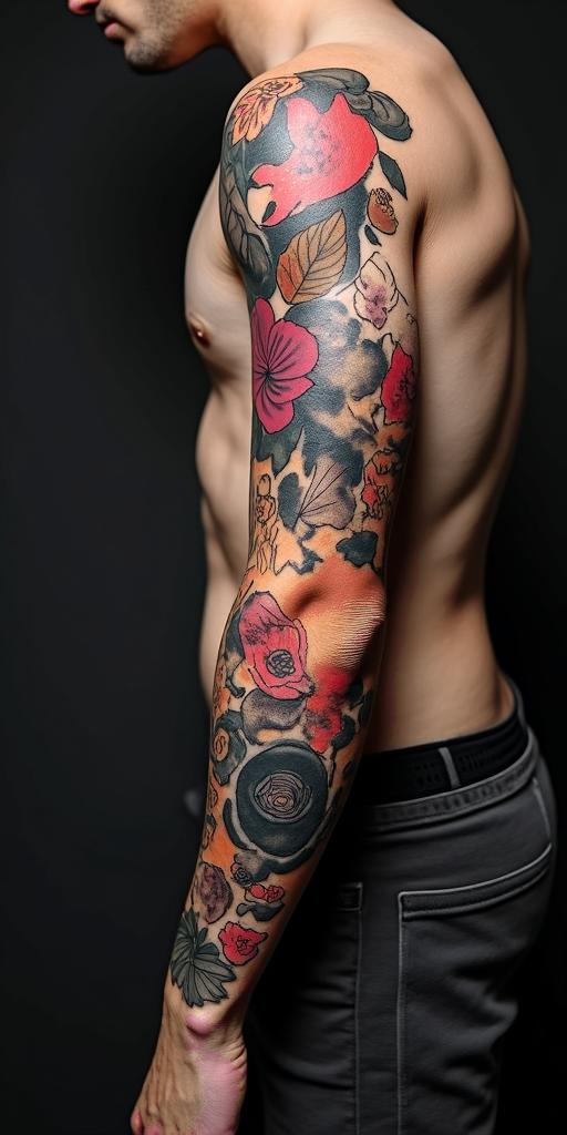 Andrew James Asher Lanein pop art style tattoo, featuring bold and vibrant colors, exaggerated outlines, iconic imagery, inspired by comic books and speech bubbles, comic book characters, retro pop culture - Variation 2