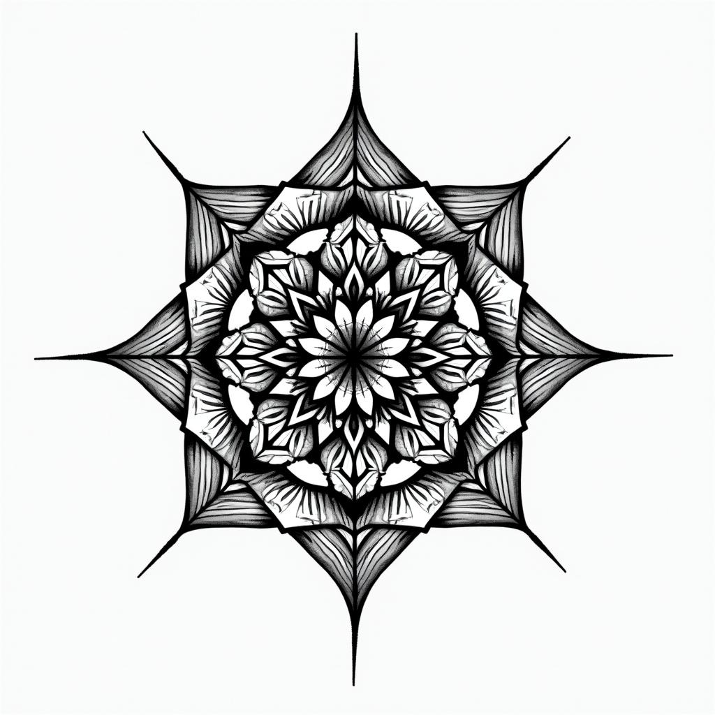 Adventure. in geometric style tattoo, blending hexagons, mandala-inspired patterns, symmetrical and fractal design, clean lines, sharp angles - Variation 3