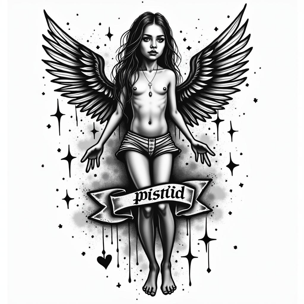 1983 Pisces beach daughterin graffiti style tattoo, featuring bold and dynamic street art elements, spray-paint texture with exaggerated lines and expressive, chaotic brushstrokes, intricate lettering incorporated with graffiti tags, symbols like hearts, stars, and wings