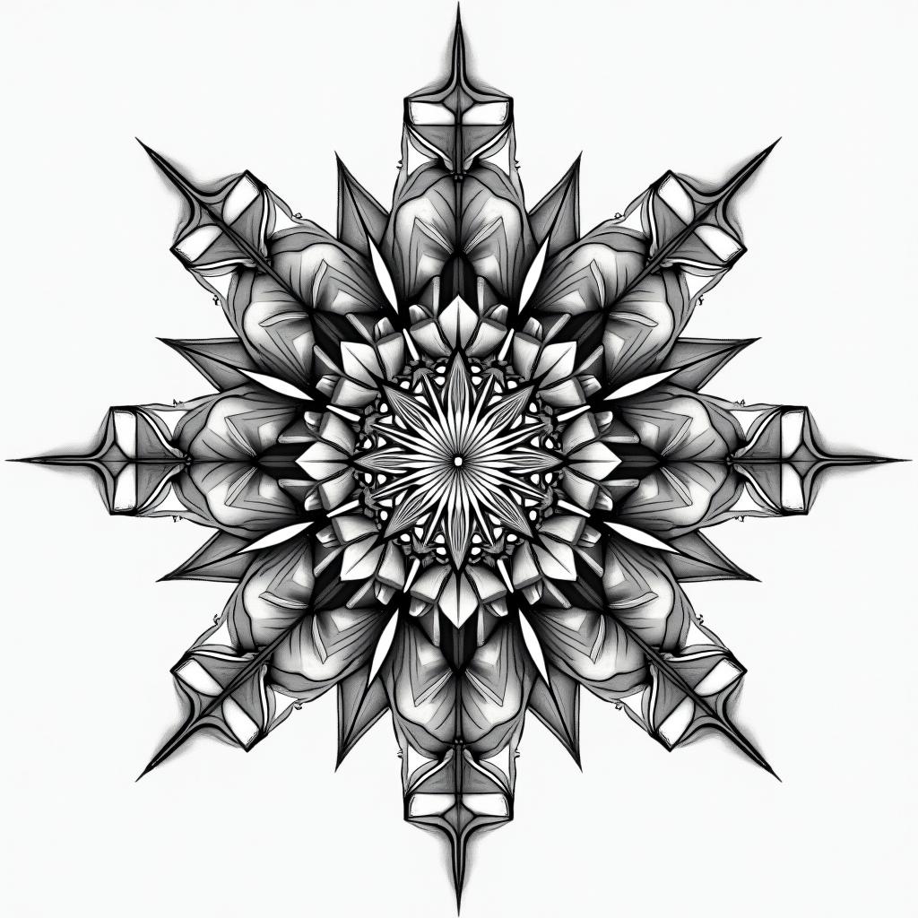 Stefan Wagge Vilshofen in geometric style tattoo, blending hexagons, mandala-inspired patterns, symmetrical and fractal design, clean lines, sharp angles - Variation 2