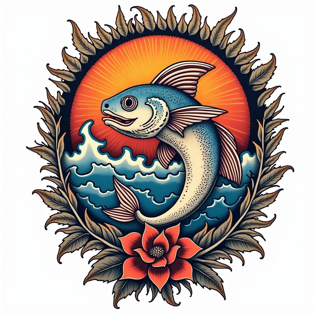 1983 Pisces beachin pop art style tattoo, featuring bold and vibrant colors, exaggerated outlines, iconic imagery, inspired by comic books and speech bubbles, comic book characters, retro pop culture - Variation 4