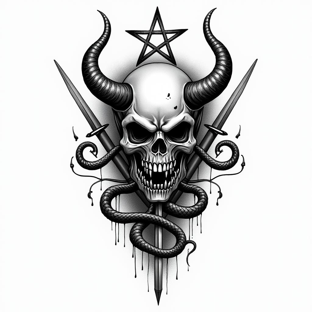 a skull with 2 serpent's and one swordcreepy horror tattoo style, featuring an eerie and unsettling skull of a demonic creature, distorted face with sharp fangs, add pentagram symbol - Variation 20