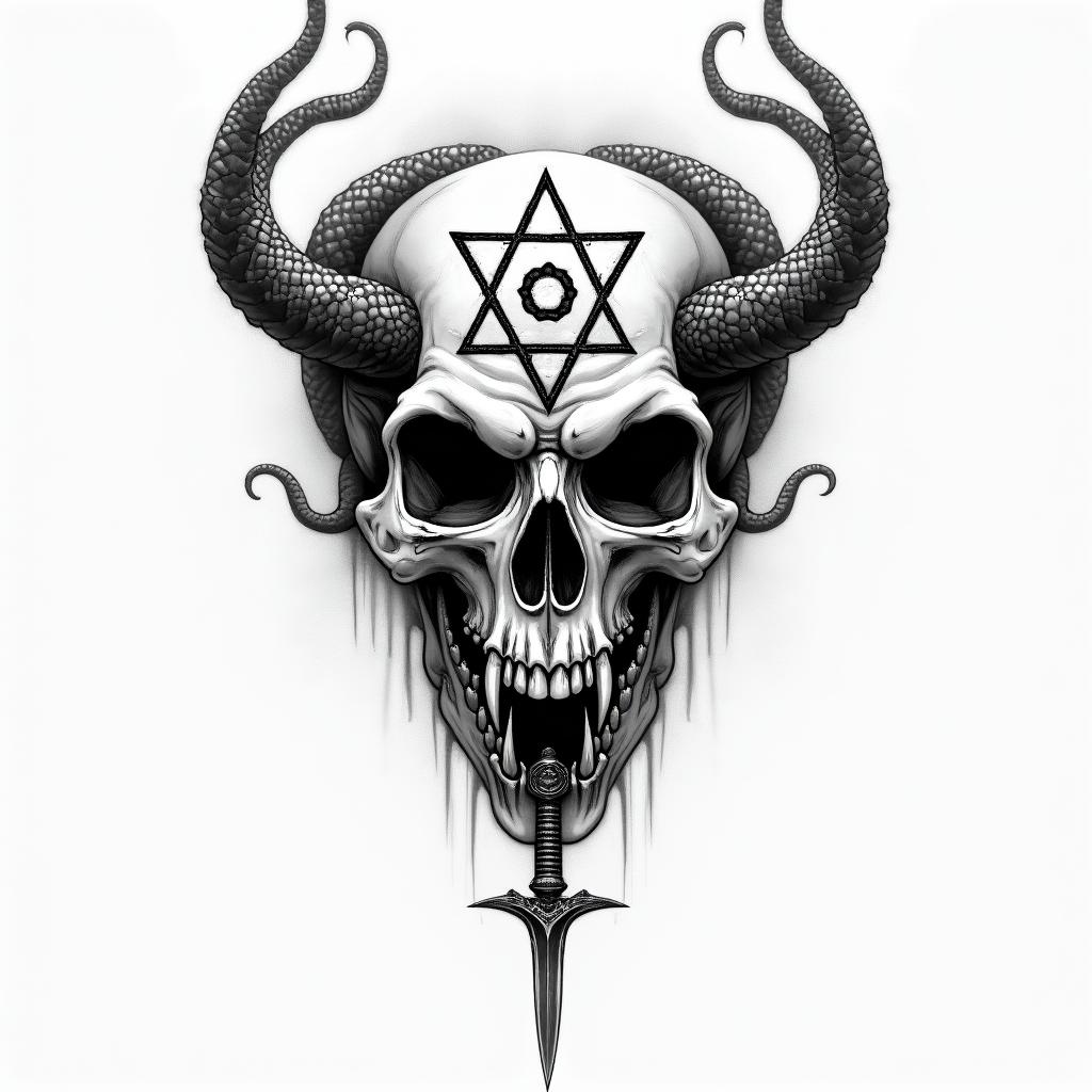 a skull with 2 serpent's and one swordcreepy horror tattoo style, featuring an eerie and unsettling skull of a demonic creature, distorted face with sharp fangs, add pentagram symbol - Variation 17