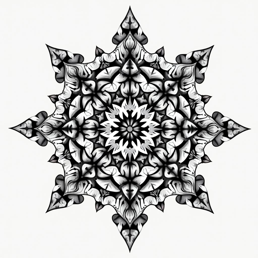 Scale in geometric style tattoo, blending hexagons, mandala-inspired patterns, symmetrical and fractal design, clean lines, sharp angles - Variation 3