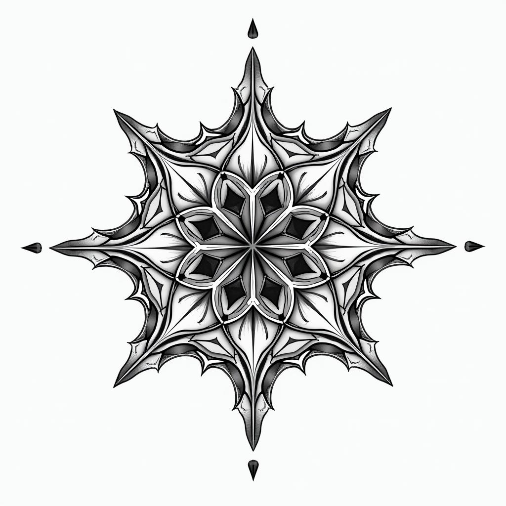 Scale in geometric style tattoo, blending hexagons, mandala-inspired patterns, symmetrical and fractal design, clean lines, sharp angles