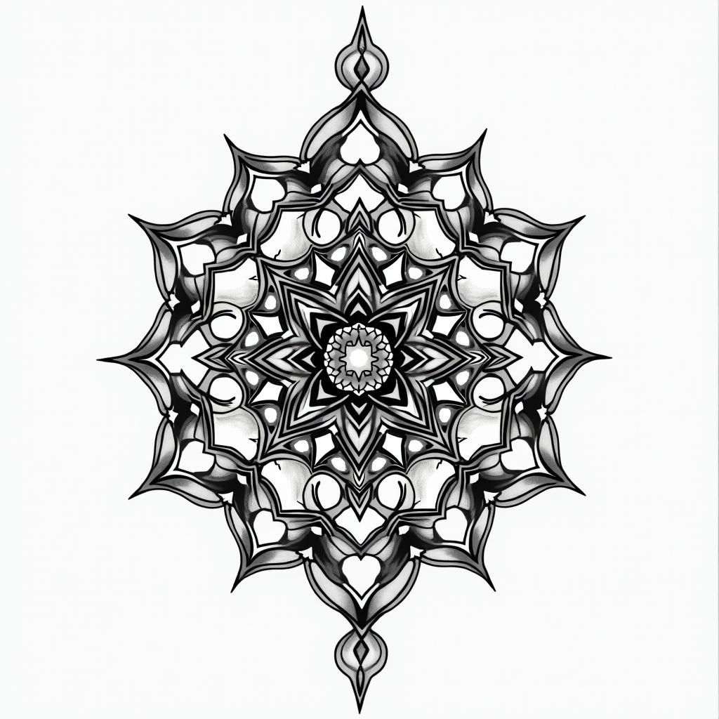 Scale in geometric style tattoo, blending hexagons, mandala-inspired patterns, symmetrical and fractal design, clean lines, sharp angles - Variation 2