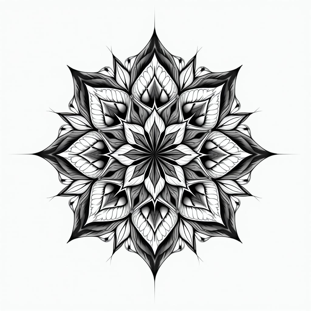 Scale in geometric style tattoo, blending hexagons, mandala-inspired patterns, symmetrical and fractal design, clean lines, sharp angles - Variation 4