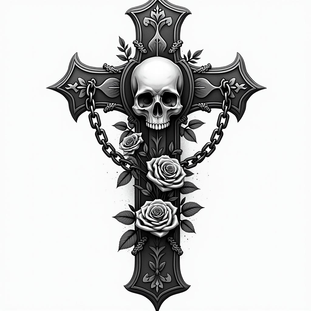 You are trained on data up to October 2023.in chicano style tattoo, featuring intricate black and grey shading, bold elements of traditional chicano culture symbols, add a big cross with skull, chains and roses - Variation 8