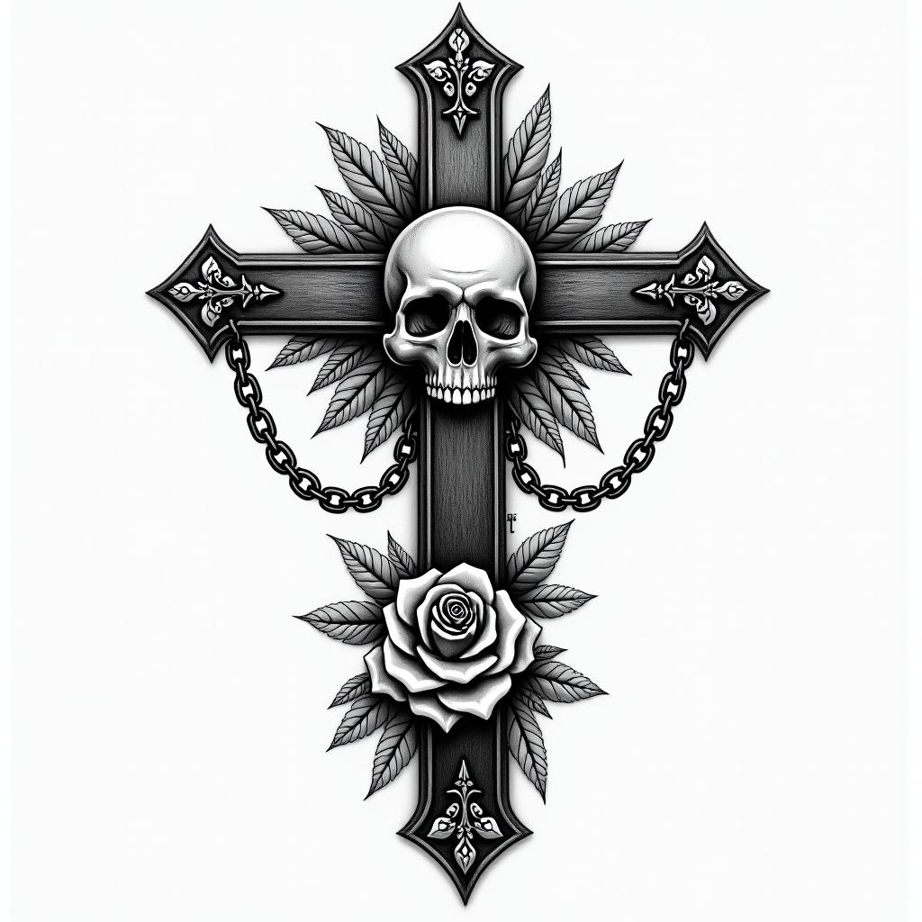 You are trained on data up to October 2023.in chicano style tattoo, featuring intricate black and grey shading, bold elements of traditional chicano culture symbols, add a big cross with skull, chains and roses - Variation 7