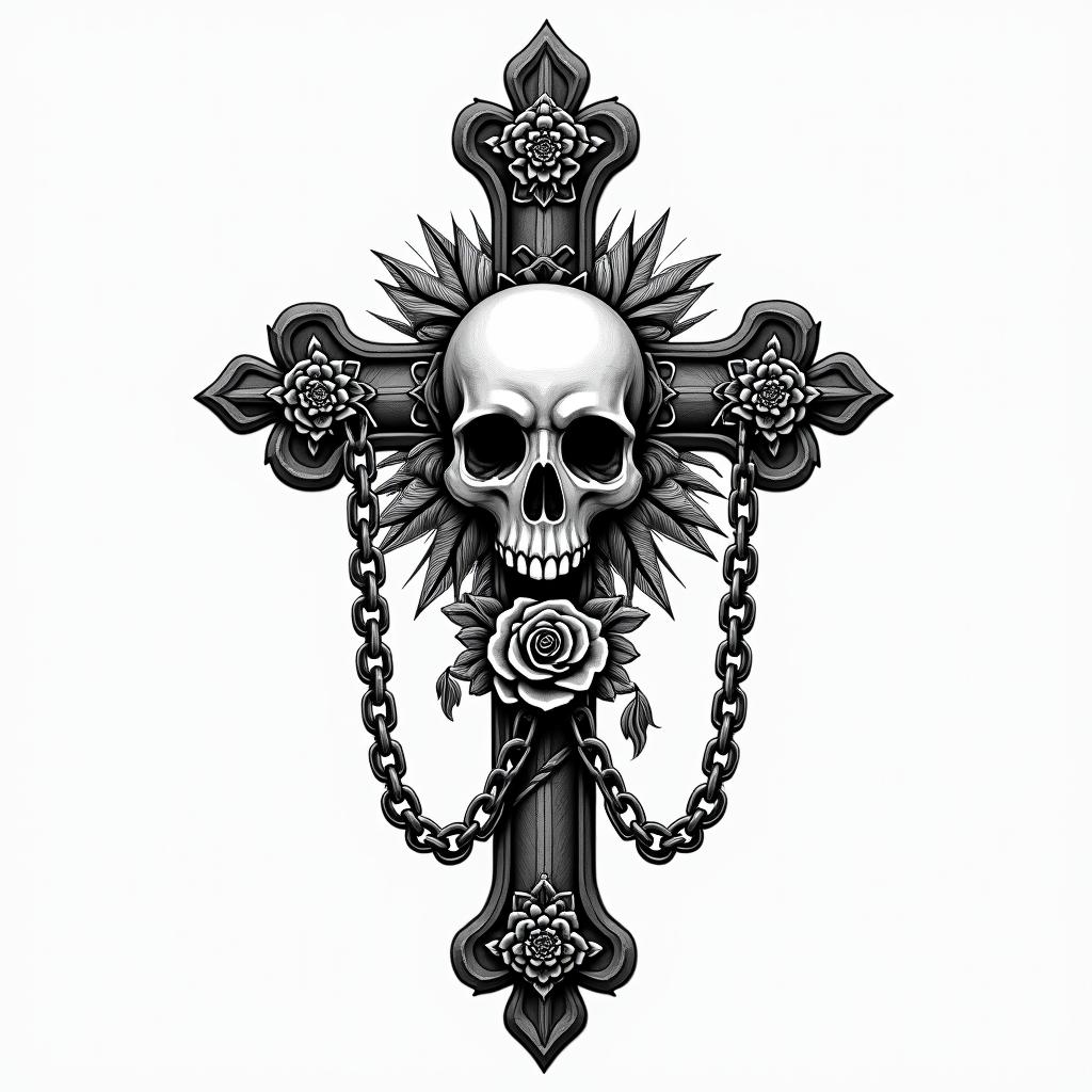 You are trained on data up to October 2023.in chicano style tattoo, featuring intricate black and grey shading, bold elements of traditional chicano culture symbols, add a big cross with skull, chains and roses - Variation 6
