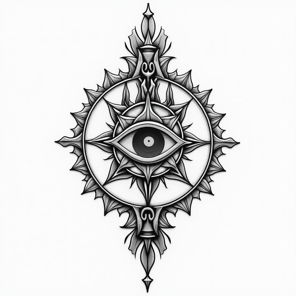 Pisces 83in spiritual symbols tattoo style, featuring an intricate design incorporating elements, Hamsa hand, third eye, minimalist composition - Variation 4
