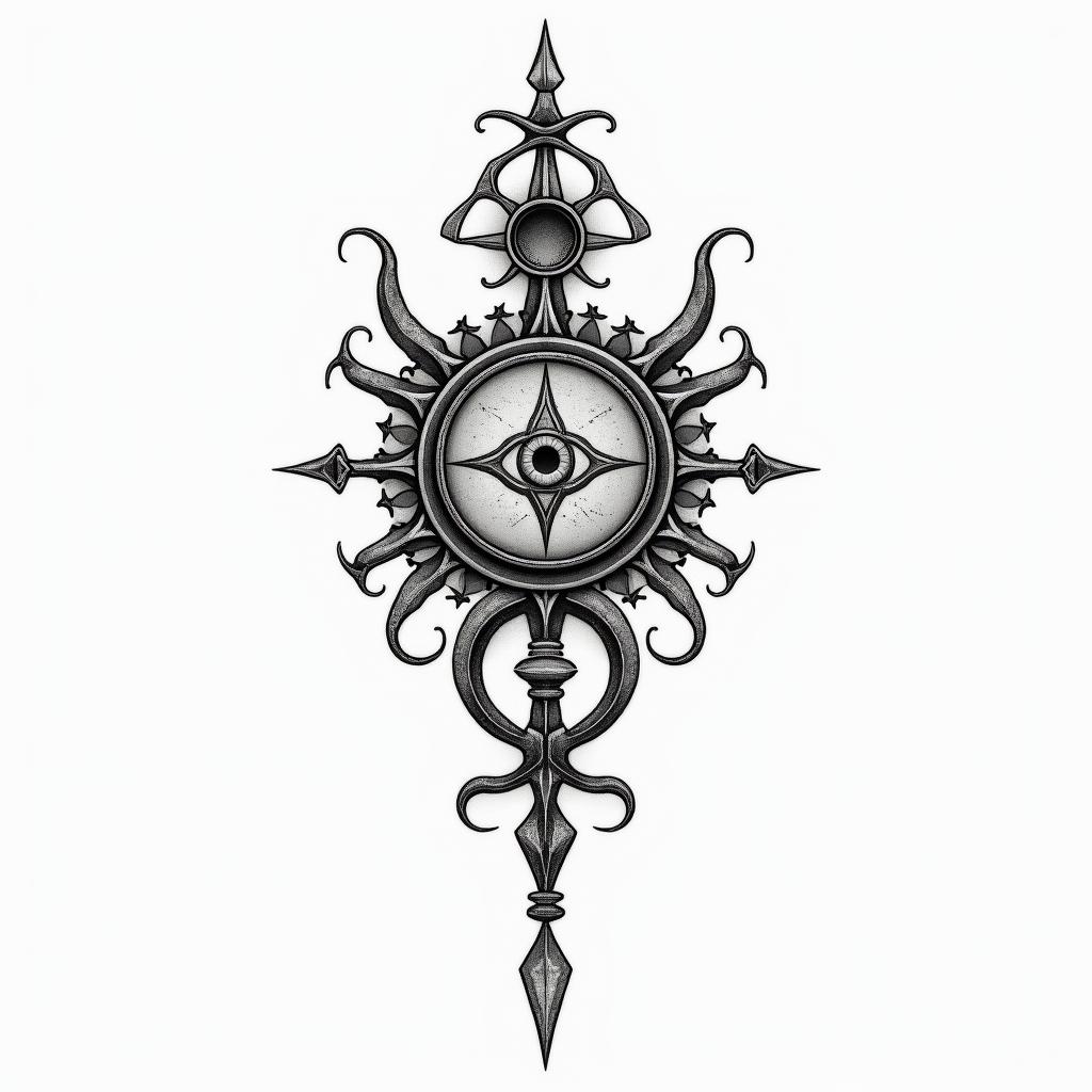 Pisces 83in spiritual symbols tattoo style, featuring an intricate design incorporating elements, Hamsa hand, third eye, minimalist composition - Variation 3