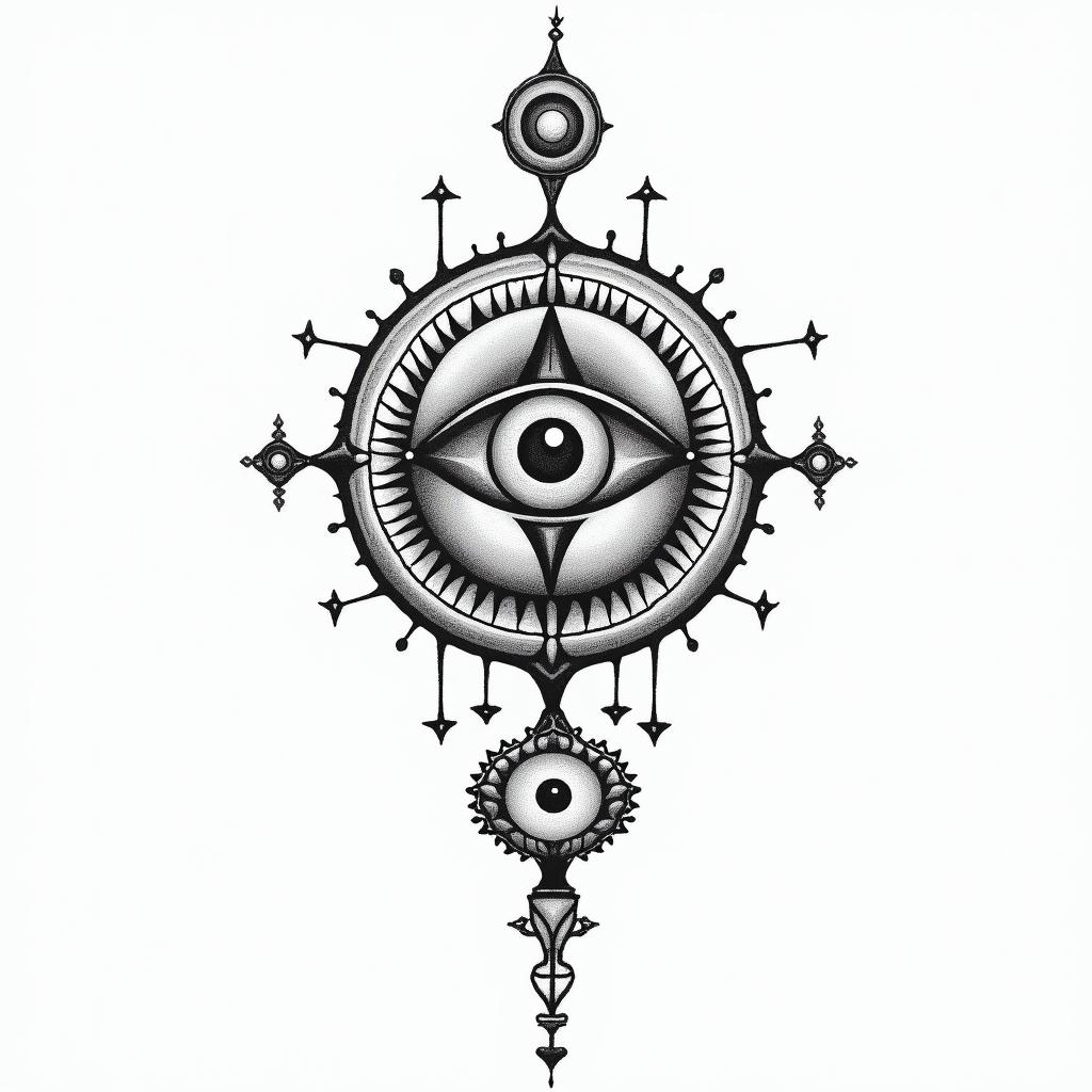 Pisces 83in spiritual symbols tattoo style, featuring an intricate design incorporating elements, Hamsa hand, third eye, minimalist composition - Variation 2