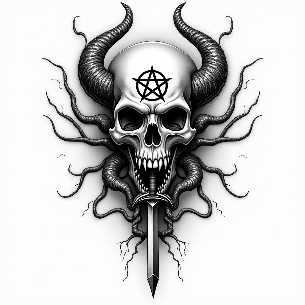a skull with 2 serpent's and one swordcreepy horror tattoo style, featuring an eerie and unsettling skull of a demonic creature, distorted face with sharp fangs, add pentagram symbol - Variation 16
