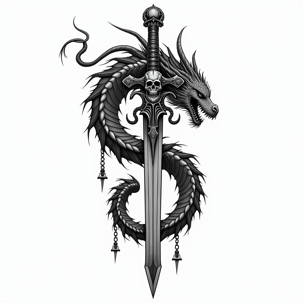 Majestic dragon coiled around a swordin chicano style tattoo, featuring intricate black and grey shading, bold elements of traditional chicano culture symbols, add a big cross with skull, chains and roses