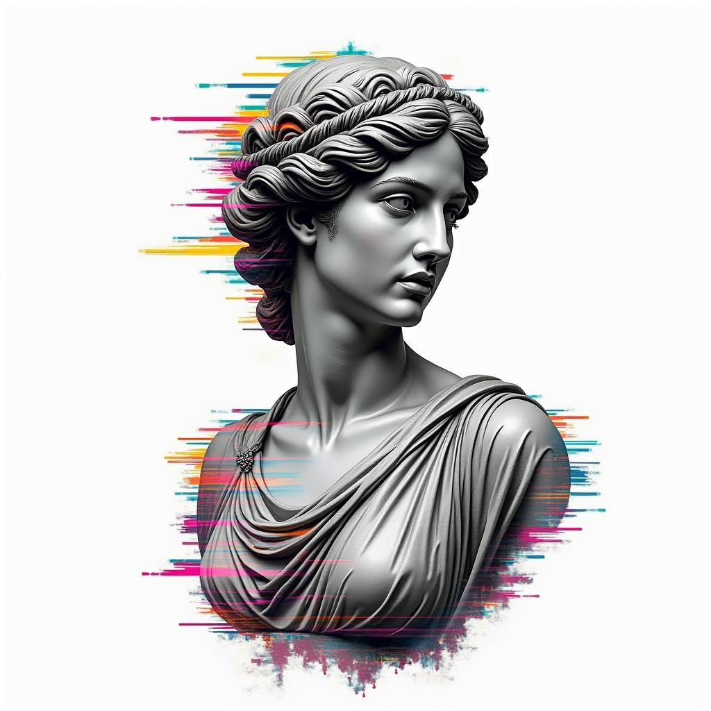 Woman, coffee, books, Sagittariusin distorted and fragmented tattoo design, featuring a classical statue bust, in a glitch art style with vibrant, overlapping colors of cyan, magenta, and yellow, creating a digital distortion effect