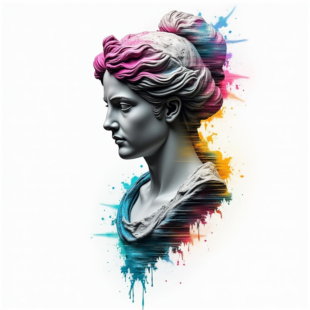 83 Piscesin distorted and fragmented tattoo design, featuring a classical statue bust, in a glitch art style with vibrant, overlapping colors of cyan, magenta, and yellow, creating a digital distortion effect - Variation 3