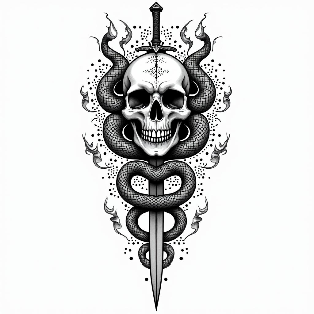 a skull with 2 serpent's and one swordin dotwork style tattoo, complex mandala patterns, interlocking geometric shapes with sharp symmetry, clean lines, sharp angles - Variation 2
