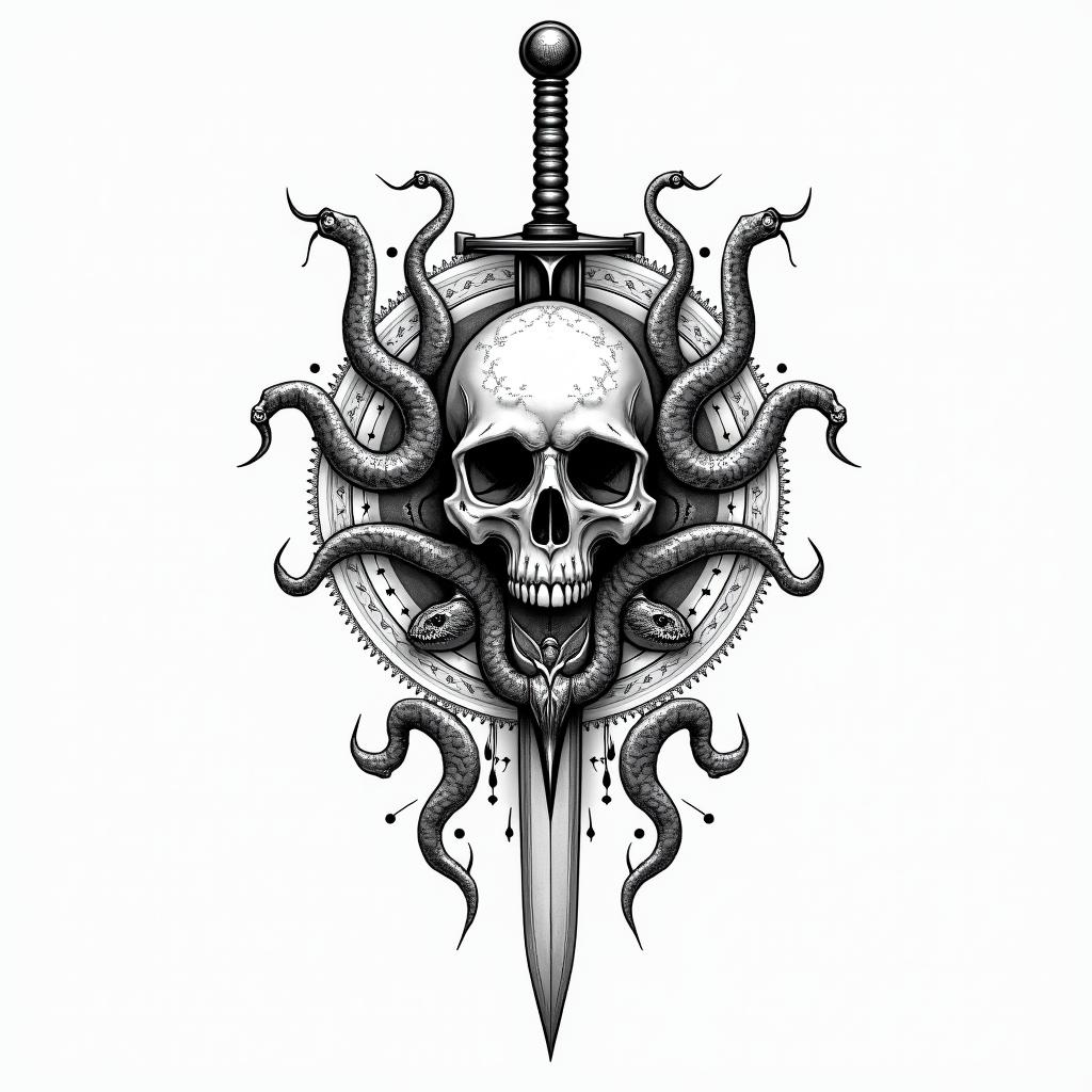 a skull with 2 serpent's and one swordin dotwork style tattoo, complex mandala patterns, interlocking geometric shapes with sharp symmetry, clean lines, sharp angles