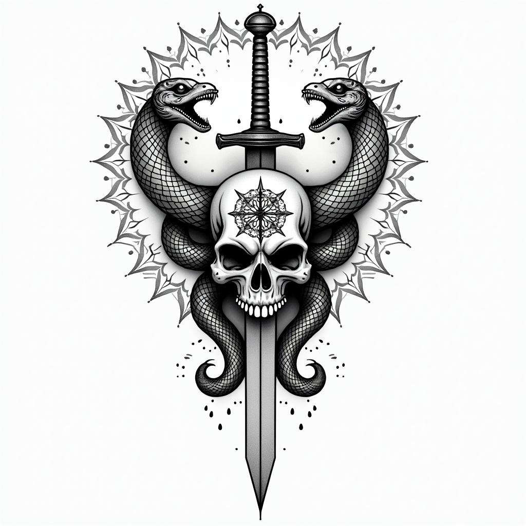 a skull with 2 serpent's and one swordin dotwork style tattoo, complex mandala patterns, interlocking geometric shapes with sharp symmetry, clean lines, sharp angles - Variation 4