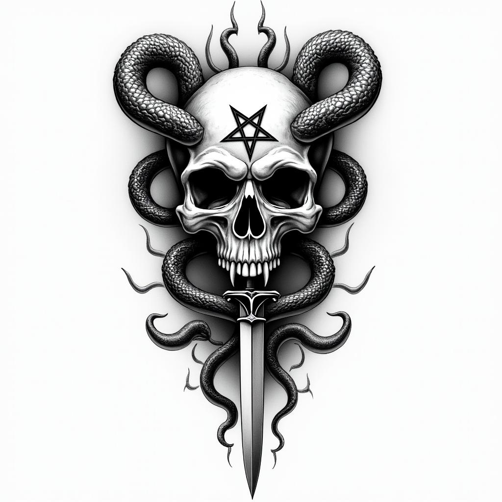 a skull with 2 serpent's and one swordcreepy horror tattoo style, featuring an eerie and unsettling skull of a demonic creature, distorted face with sharp fangs, add pentagram symbol - Variation 12