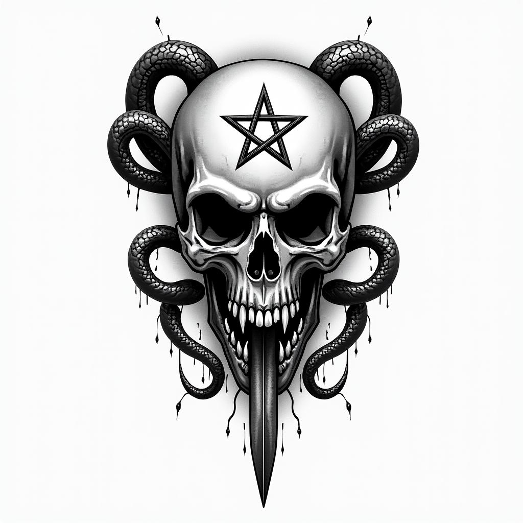 a skull with 2 serpent's and one swordcreepy horror tattoo style, featuring an eerie and unsettling skull of a demonic creature, distorted face with sharp fangs, add pentagram symbol - Variation 11